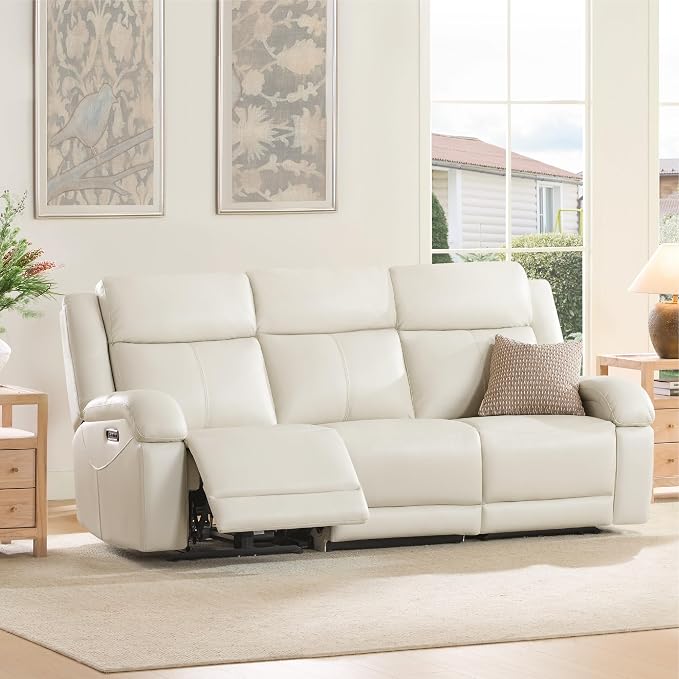 Watson & Whitely Power Reclining Sofa and Loveseat Sets, Genuine Leather Sofa Recliner Couch Set with Power Headrest, Storage Console, USB Ports, Cup Holders, Living Room Furniture Set, Cream