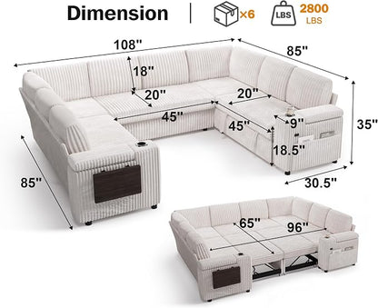 Vipbear 111" Modular Sectional Sleeper Sofa with Pull Out Bed, 8 Seat Plush Corduroy U Shaped Couch with Storage Chaise|USB Ports|Cup Holders|Side Table| Storage Armrests, Tool Free Assembly, Beige
