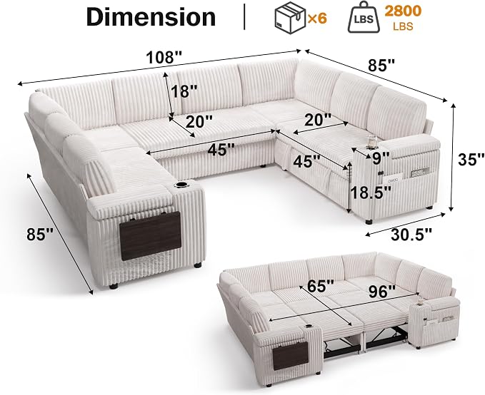 WEUP 111" Modular Sectional Sleeper Sofa with Pull Out Bed, 8 Seat Plush Corduroy U Shaped Couch with USB Ports|Cup Holders|Side Table|Storage Chaise Armrests Tool Free Assembly, Beige