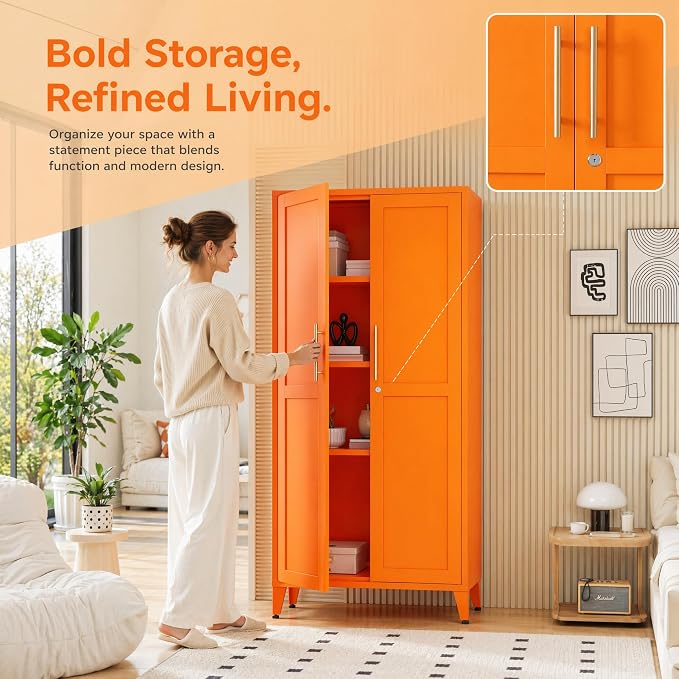 61" Tall Farmhouse Metal Storage Cabinet, Kitchen Pantry Storage Cabinets with 2 Barn Door and 3 Adjustable Shelves, for Home, Office, Kitchen, Laundry Room, Kids Room, Entryway, Orange