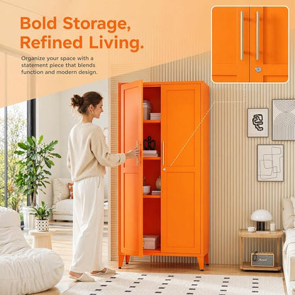 61" Tall Farmhouse Metal Storage Cabinet, Kitchen Pantry Storage Cabinets with 2 Barn Door and 3 Adjustable Shelves, for Home, Office, Kitchen, Laundry Room, Kids Room, Entryway, Orange