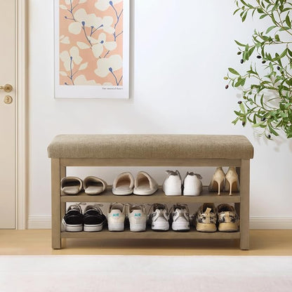 Zihanhome 2 Tier Shoe Rack Bench with Cushion, Solid Wood Shoe Benches, Mid-Century Modern Shoe Storage Bench for Entryway, Hallway, Living Room, Closet, Front Door Entrance, (Brown, 39.4")