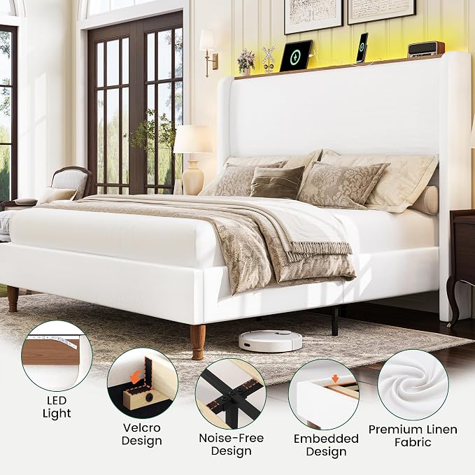 LARMACE King Size Bed Frame with LED Lights and Charging Station Linen Upholstered Platform Bed Frame with 51.2" Tall Wingback Headboard and Storage Shelf, No Box Spring Needed, Easy Assembly, Cream
