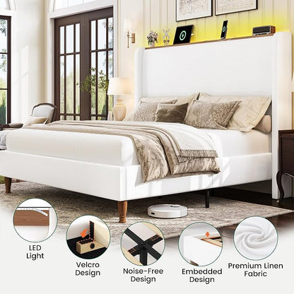 LARMACE King Size Bed Frame with LED Lights and Charging Station Linen Upholstered Platform Bed Frame with 51.2" Tall Wingback Headboard and Storage Shelf, No Box Spring Needed, Easy Assembly, Cream
