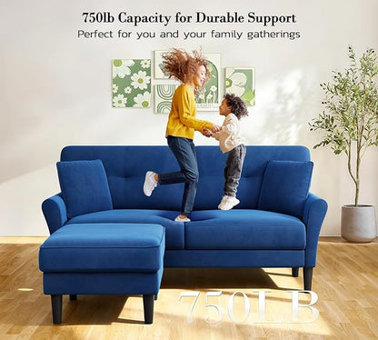 Kidirect Small Sectional Couch, 69" L Shaped Couch, Sectional Sofa, Blue | Comfy Velvet Couch, Tool-Free Setup, 750lb Max Load, Movable Ottoman, Ideal for Living Room, Bedroom, Apartment, Office