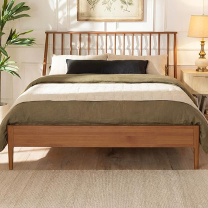 Merax Queen Size Solid Bamboo Wood Spindle Platform Bed with 46.5" Tall Headboard, Bohemian Bed Frame with Wooden Slats and Metal Support, Mid-Century Modern Style,No Box Spring Needed, Brown