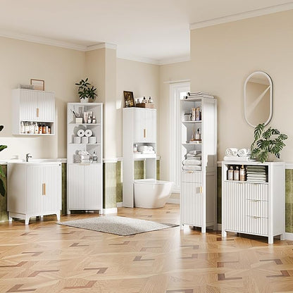 VINGLI Tall Corner Cabinet with Fluted Doors, 68" White Corner Storage Cabinet with Adjustable Shelves, Freestanding Wood Corner Bookshelf for Bathroom, Living Room & Kitchen, Space-Saving