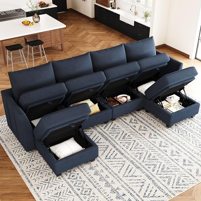 Belffin Modular Sectional Sofa U Shaped Couch with Storage Velvet Sectional Couch for Living Room Blue