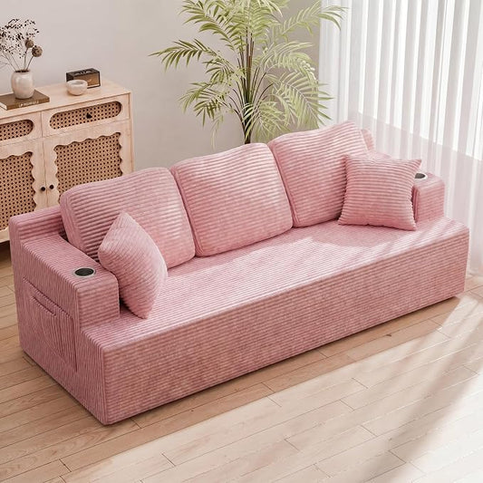 Homall 87” Boneless Sofa Couch with 2 Pillows Extra Deep Seats, Corduroy Fabric 3 Seater with Cup Holder & Storage Pocket Upholstered Floor Easy Installation (Pink, 3 Seater)