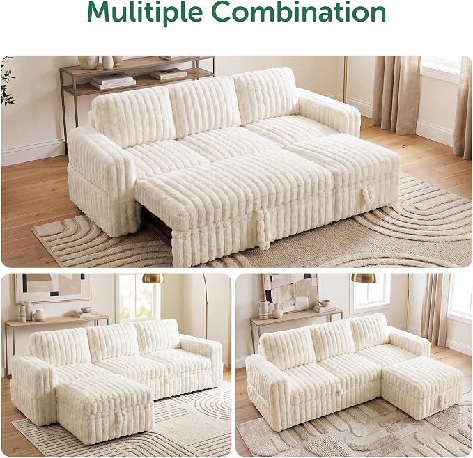 HONBAY Plush Corduroy Modular Sectional Sofa with Pull Out Bed L Shaped Sleeper Sofa with Storage Sectional Couches for Living Room,Plush Beige