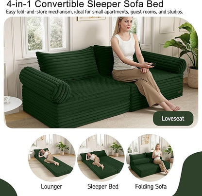 MeMoreCool Convertible Sofa Bed, Folding Floor Couch Bed Queen, Pull Out Sleeper Couch with Pillows, Fold Out Futon Sofa for Bedroom Living Room Small Space, Corduroy Green