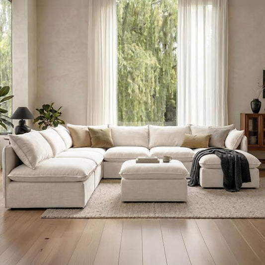 Cloud Modular Hosting Sectional, Oversized Deep Seat Comfort, Linen Blend | Fully Removable Washable Covers, Memory Foam Seat Cushions, Storage Ottoman, Premium Fabric