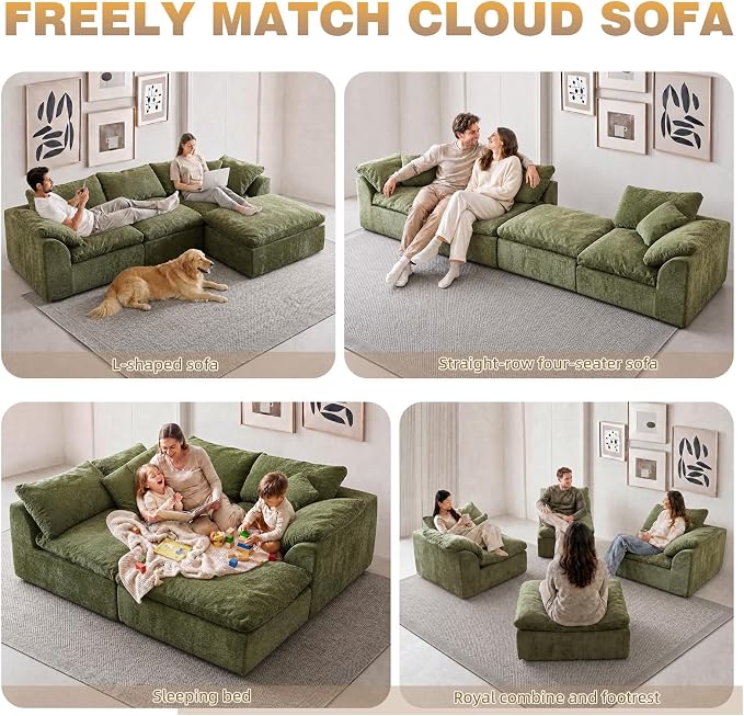 110" Boneless Cloud Couch Sectional for Living Room, Oversized Modular L Shaped Sofa with Ottoman, Deep Seat Chenille Sectional Couch for Cloud-Like Comfort (OliveGreen)