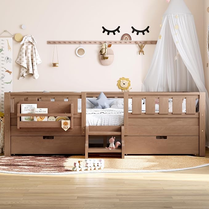 Bellemave Queen Size Bed with Slats and Stairs, Queen Size Platform Bed Frame with Fence, Bookshelf and Storage Drawers, Easy Assemble Beds for Girls, Boys, Natural