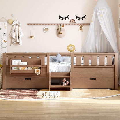 Bellemave Queen Size Bed with Slats and Stairs, Queen Size Platform Bed Frame with Fence, Bookshelf and Storage Drawers, Easy Assemble Beds for Girls, Boys, Natural