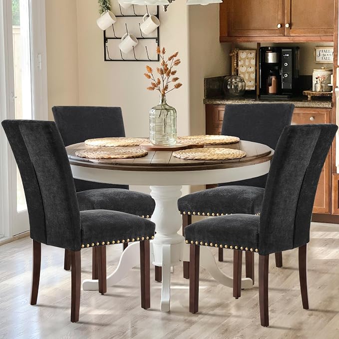 COLAMY Upholstered Parsons Dining Chairs Set of 2, Fabric Dining Room Kitchen Side Chair with Nailhead Trim and Wood Legs - F-Black