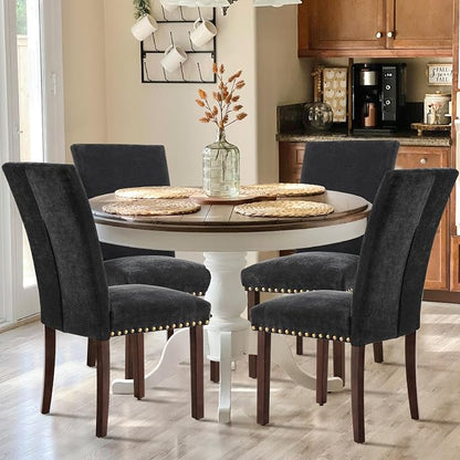 COLAMY Upholstered Parsons Dining Chairs Set of 2, Fabric Dining Room Kitchen Side Chair with Nailhead Trim and Wood Legs - F-Black