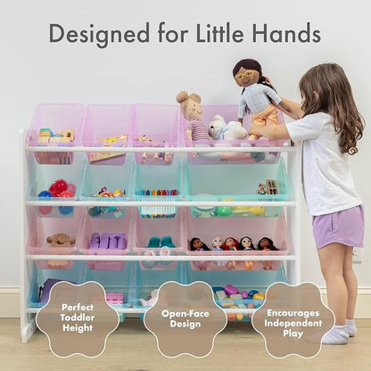 Humble Crew Toy Storage Organizer with 16 Removable Storage Bins for Kids Playroom, 4-Tier Toddler Toy Organization and Storage, White/Purple/Pink/Blue