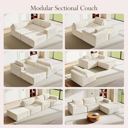 Vesgantti 119" L-Shaped Modular Sectional Sofa, Corduroy Cloud Couch with Deep Seating & Spring Support, Flexible Layout Sofa with Ottoman, Boneless Style, No Assembly Required, Beige