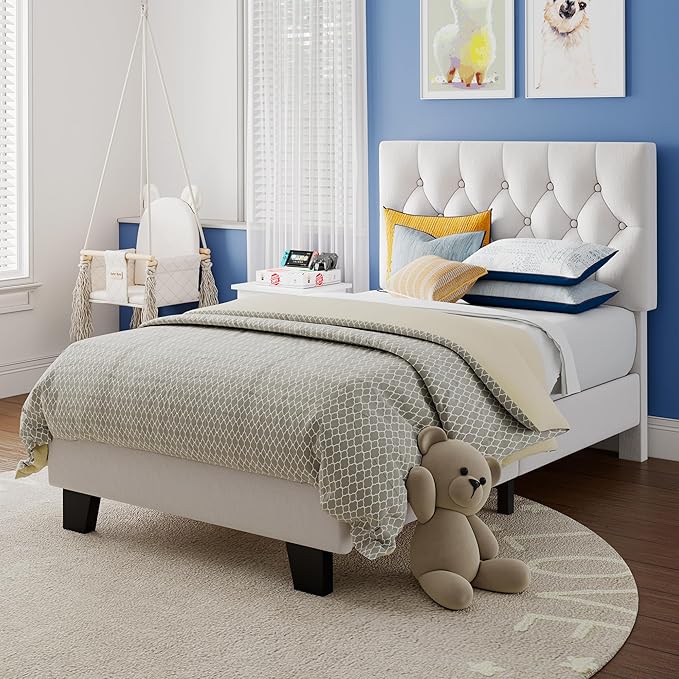 Einhomn Twin Upholstered Bed Frame with Headboard, Button Tufted Linen Bed Base, Platform Bed with Wood Slat, Heavy Duty, Easy Assembly, No Box Spring Needed, White