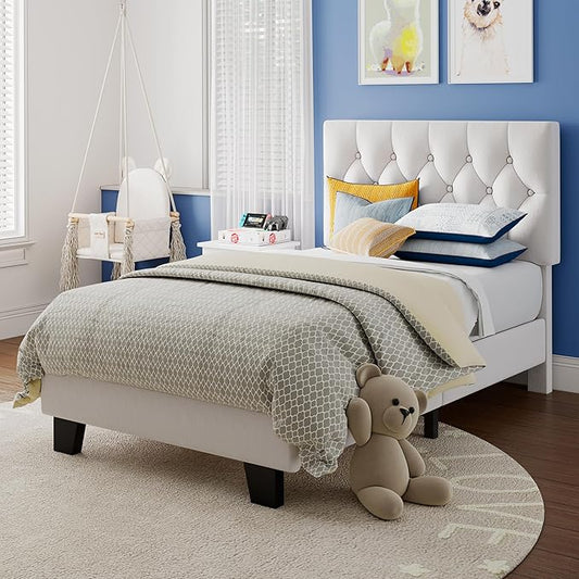 Einhomn Twin Upholstered Bed Frame with Headboard, Button Tufted Linen Bed Base, Platform Bed with Wood Slat, Heavy Duty, Easy Assembly, No Box Spring Needed, White