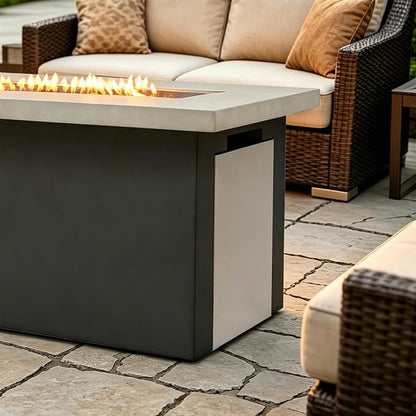 60" Outdoor Propane Fire Pit Table, Rectangular Concrete Gas Fire Pit with 60,000 BTU Heating, Hidden Tank Storage, Electronic Ignition, Lava Rocks & Cover for Patio Backyard Deck Garden, Light Grey