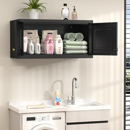32" Metal Wall Cabinet 2 Doors,Black Hanging Cabinets with Handle,Bathroom Cabinet,Storage Cabinet 16" D x 32" W x 15" H