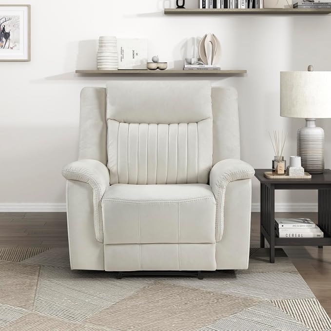 Lexicon Manual Recliner Chair, Polished Microfiber Reclining Sofa Chair, Home Theater Seating, Wall Hugger Manual Recliner for Living Room/Office/Apartment, Beige