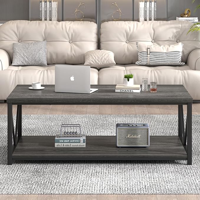 FOLUBAN Coffee Table with Storage, Modern Small Center Tables for Small Spaces, Rustic Wood and Metal Cocktail Table for Living Room, 39.3 Inch Dark Gray