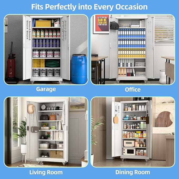 Garage Storage Cabinet with Wheels & Pegboard, 71" H x 34" W x 18" D Locking Metal Storage Cabinet with 2 Doors and 5 Adjustable Shelves for Garage, Home, White, Assembly Required
