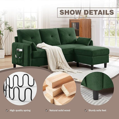 77" Convertible Sectional Sofa, Small L Shaped Couch with Storage Chaise, 3 Seats Modern Polyester Fabric Couches for Living Room, Apartment and Small Space, Green