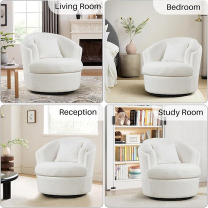 Swivel Accent Chair, 360 Degree Round Swivel Barrel Chair with Pillow, Widened Upholstered Boucle Chair Comfy Sherpa Barrel Armchair for Living Room Bedroom Reading Room, White