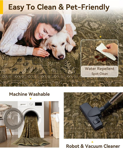 RELEANY Area Rugs 3'x5' Washable Non-Slip, Floral Vintage Distress Medallion Carpet for Living Room Bedroom Dining Room, Brown Dark Brown