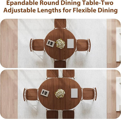 Solid Wood Round Extendable Dining Table, 43″-59″ Expandable Dining Table for 4-8, Oval Extendable Dining Room Table with Hidden Storage, Oval Dining Tables with Leaf, Walnut Round Kitchen Table