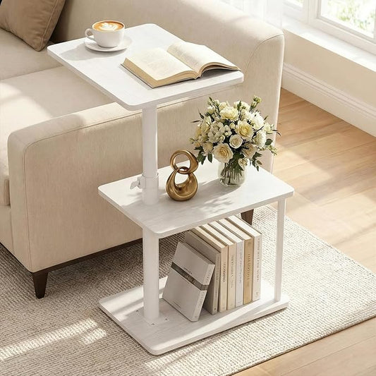 Faesun 360° Swivel Side Table for Height Adjustable, C Shaped End Table for Couch with Storage, 3-Tier Night Stand with Open Shelf, Tv Tray for Small Spaces, Living Room, Bedroom, White
