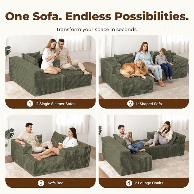 Modular Sectional L-Shaped Sofa with Deep Seat, Modern Boneless Comfy Corduroy Fluffy Couch with Side Pockets and Anti-Slip & Floor-Friendly Bottom for Living Room, No Assembly, Green