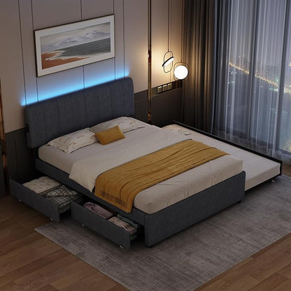 Queen Size Upholstered Platform Bed w/Trundle Bed & 2Storage Drawers | Twin Size Trundle,Two Drawers,LED Lighting Controlled by APP, USB+Type-C Charging Ports,Linen Upholstered Bed Frame,Dark Grey