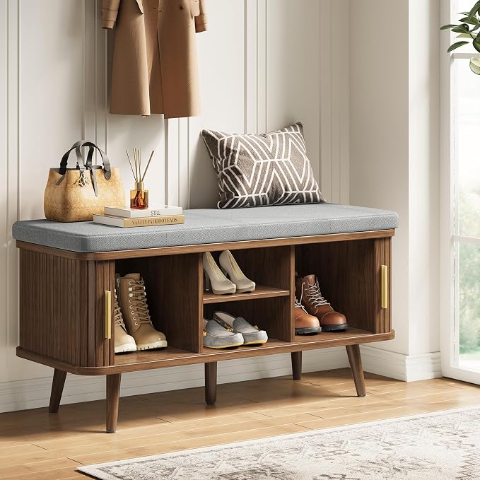 Decofy Shoe Storage Bench with Cushion and Sliding Doors, 39 Inch Shoe Bench with Storage, Freestanding Entryway Bench with Shoe Storage, with Solid Wood Legs, for Hallway & Entrance Hall, Walnut