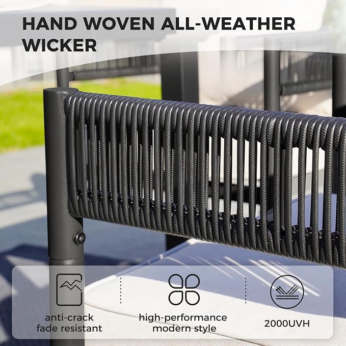 Grand patio Outdoor Dining Set, 7-Piece Patio Table and Chairs Set, Metal Woven Wicker Fixed Patio Chairs with Thickened Cushions & 1 Rectangular Woodgrain Dining Table with Umbrella Hole (Black)