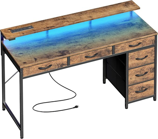 Huuger Gaming Desk with 6 Drawers, Computer Desk with LED Lights Power Outlets and Type-C, 47 Inch Office Desk with Storage, Monitor Stand, Writing Work Desk for Home Office, Rustic Brown,1CD101F