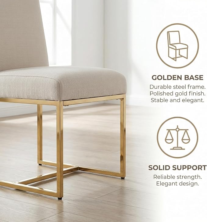 VESCASA Linen Upholstered Dining Chairs Set of 4, Mid Century Modern Padded Chair with Gold Metal Frame for Restaurant, Dining Room, Kitchen, Cream