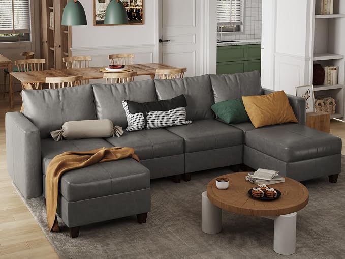 EASE MOOSE Modular Sectional Sofa with Storage, Faux Leather Sectional, Leather Couches for Living Room,Grey
