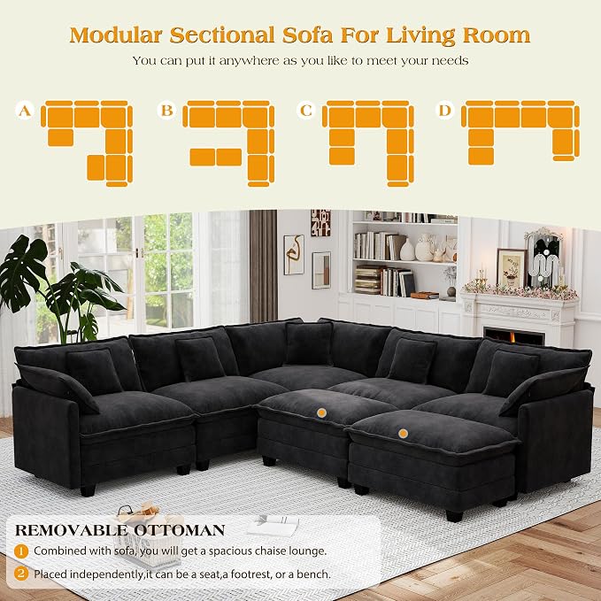 113.8" Modular Sectional Sofa,Cloud Couch for Living Room,Modern Deep Seat Sofa 5 Seater Chenille Fabric Comfy L Shaped Couches with Throw Pillows & Movable Ottoman for Apartment