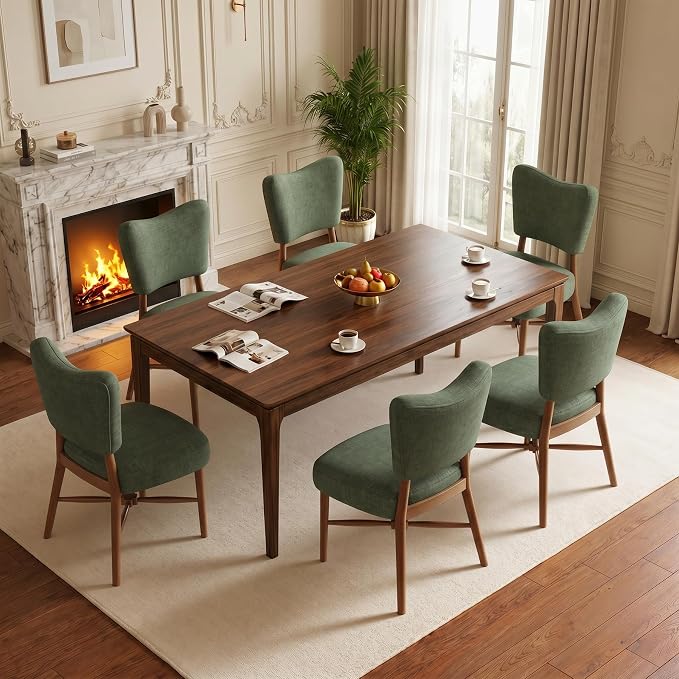 Dining Chairs Set of 6, Linen Upholstered, Solid Wood Legs, Green | Mid Century Modern Farmhouse, Cross-Brace Reinforced, Padded Cushion, Easy 15-Min Assembly, Kitchen Dining Room