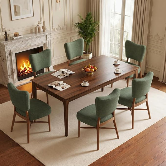 Dining Chairs Set of 6, Linen Upholstered, Solid Wood Legs, Green | Mid Century Modern Farmhouse, Cross-Brace Reinforced, Padded Cushion, Easy 15-Min Assembly, Kitchen Dining Room