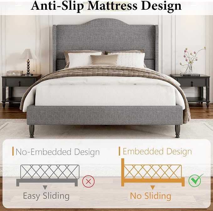Full Size Bed Frame Upholstered Platform Bed with Tall Arched Wingback Headboard, Sturdy Wooden Slat Support, Easy Assembly No Box Spring Required, Soft Fabric Bed for Bedroom, Light Grey