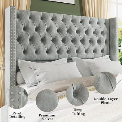 Jocisland Queen Size Bed Frame with 51.6” Wingback Tufted Velvet Headboard, Modern Upholstered Platform Bed, No Box Spring Needed, Easy Assembly, Light Grey