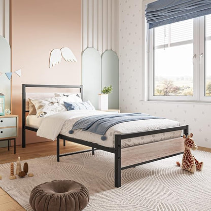 BOFENG Twin Bed Frame with Wood Headboard Farmhouse Bed,Heavy Duty Metal Platform Bed Frames No Box Spring Needed,Firm Mattress Foundation Steel Slat Support Easy Assembly(Natural Oak)