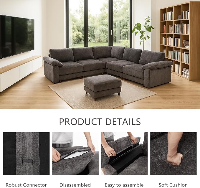 Oversized Modular Cloud Couch with Removable Washable Cover, L/V-Shaped Sectional for Large Living Room, Plush Chenille & Deep Seat（Grey）