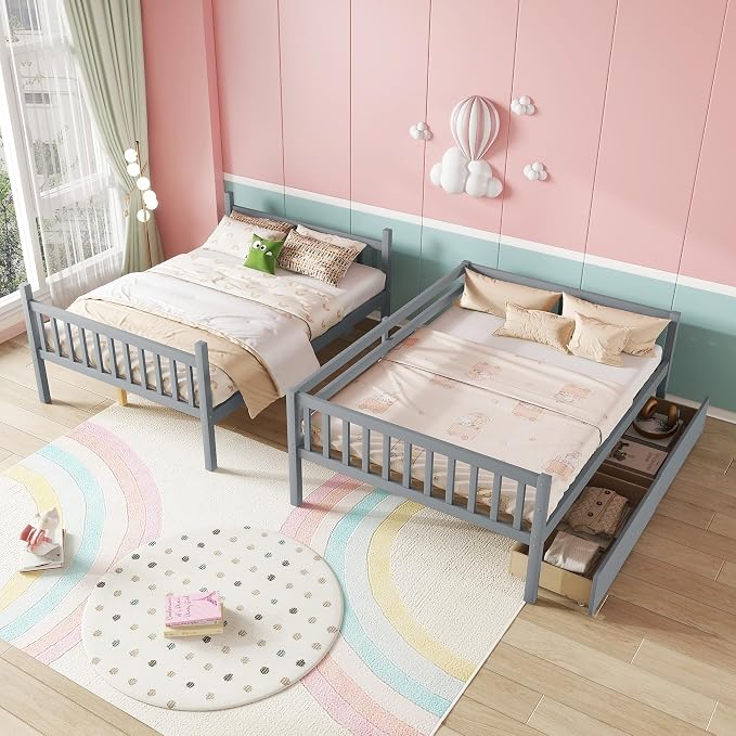 Harper & Bright Designs Full Over Full Bunk Bed with 2 Drawers, Convertible into 2 Beds, Bunk Bed with Ladder and Safety Guardrails, Gray